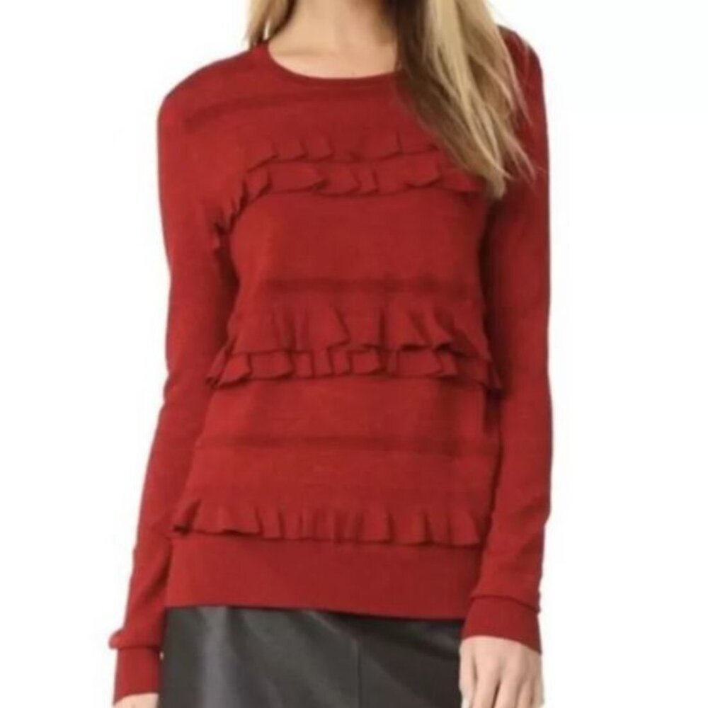 Diane Von Furstenberg DVF Size S Merino Wool Benni Ruby Red Ruffle Front Sweater